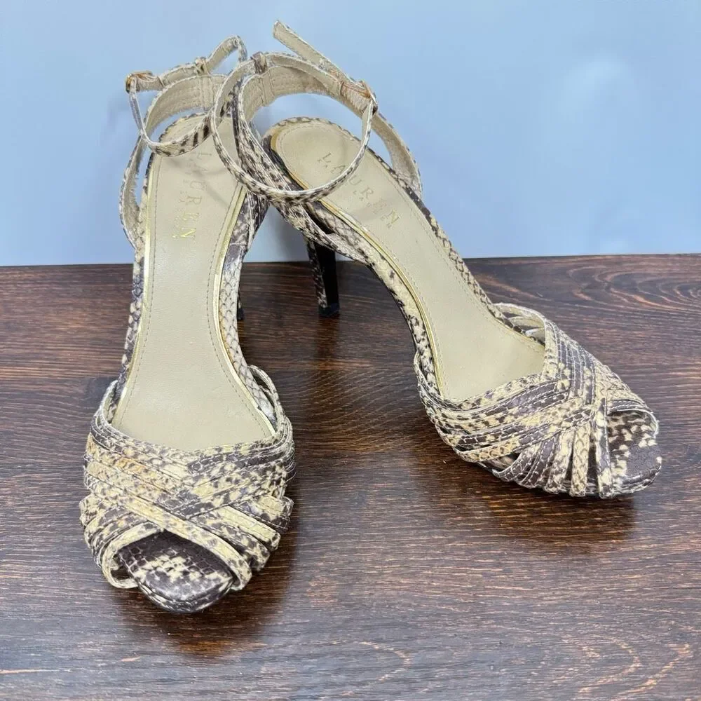 Lauren Ralph Lauren Kadie 4” snake skin ankle wrap heel size 7 1/2